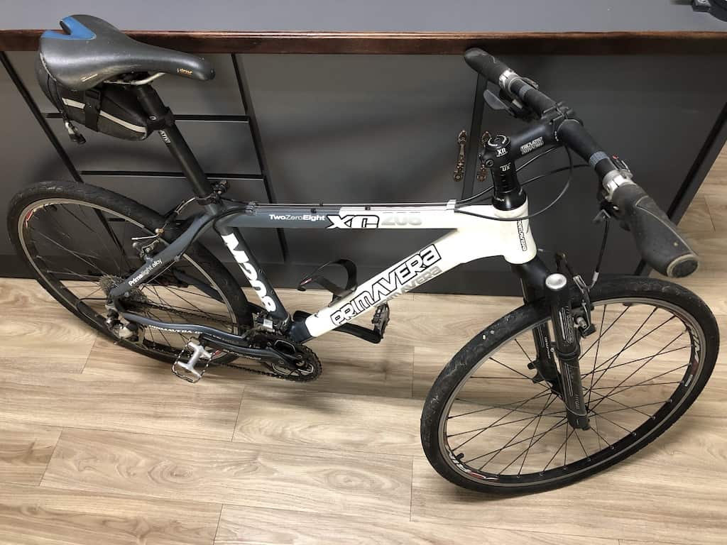 bike leaning against cupboard